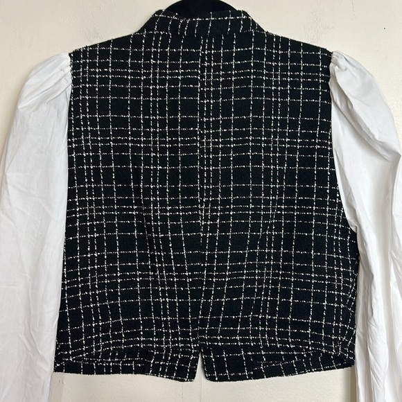 ZARA Black & White Plaid Cropped Vest with White Puff Sleeves - Picture 11 of 11
